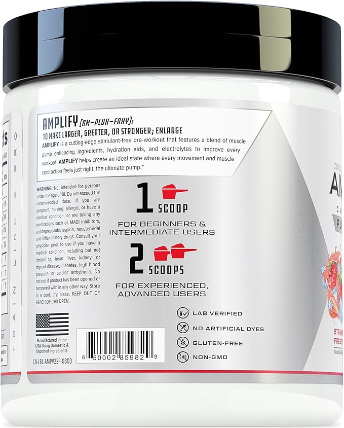 Cutler Nutrition Amplify Pump Pre Workout Caffeine Free Nitric Oxide Booster containing Arginine and Citrulline Pre-Workout for Maximum Pumps