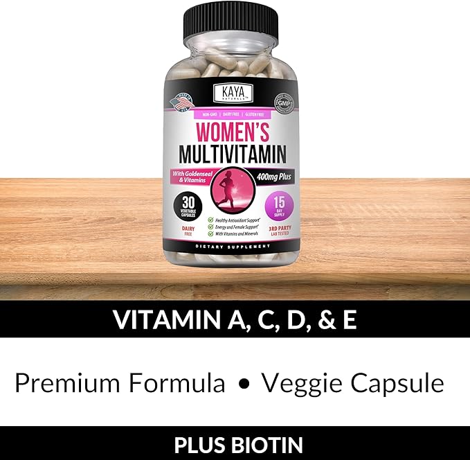 Kaya Naturals Women's Multivitamin, Overall Healthy Antioxidant, and Immune Support, Vitamins A, D, C, E, Biotin, Folic Acid, & Multi-Mineral, Energy & Metabolism Vitamin Supplement 30 Count