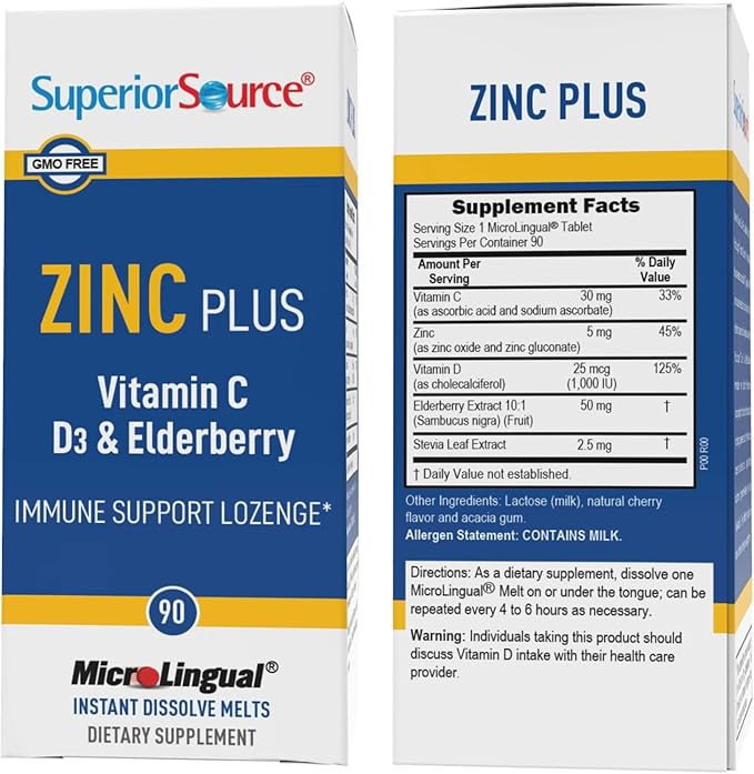 Superior Source Zinc Plus - Immune System Health Support Supplement - Vitamin C, Elderberry & Vitamin D3-90 Instant Dissolve Tablets