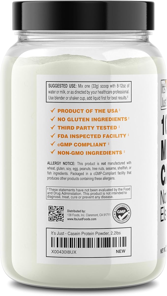 It's Just! - 100% Casein Protein Powder, Unflavored, Made in USA, No Added Flavors or Sweeteners (2.2 Pound (Pack of 1), Unflavored)