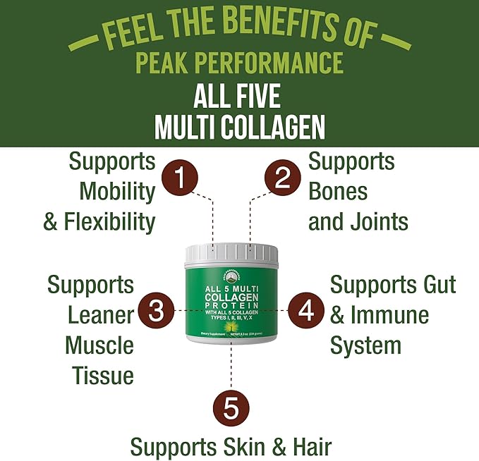 Peak Performance All 5 Multi-Collagen Protein Powder Peptides Multi-Collagen Contains All Types I, II, III,V, X. Keto, Paleo Friendly with Hydrolyzed Bovine, Marine, Chicken, Bone Broth Collagens