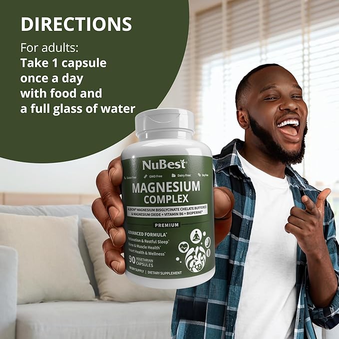 Magnesium Glycinate Chelate Complex with Albion Magnesium Bisglycinate Chelate, Magnesium Oxide, Vitamin B6 & BioPerine for Bone, Muscle, Natural Sleep, Nerve Function, Brain Booster - 90 Days Supply
