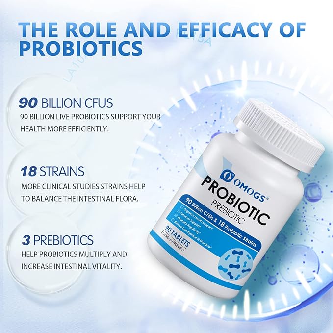 Probiotics 90 Billion CFUs 18 Strains,with 3 Organic Prebiotics & Vitamin C,Nutritional Supplement for Women,Men & Kids,Support Metabolism,Immunity and Digestive Health,Non-GMO, 90 Tablets