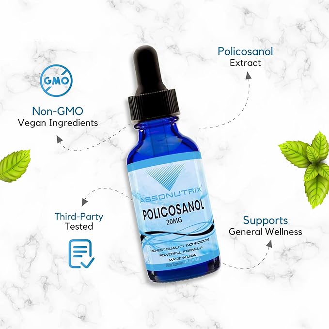 Absonutrix Policosanol 20mg, 4 Fl Oz Bottle, 200 Highly Potent Servings, High Bioavailability, Quick Absorption, Third-Party Tested, GMP-Certified, Non-GMO, Cruelty-Free Products, Made in USA