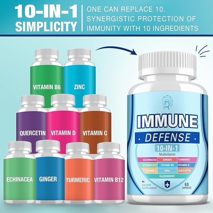 Immune Support Supplement, 10-in-1 Immune Defence with Vitamin C,B6,B12,VIT D, Zinc, Echinacea Turmeric Elderberry Immune Boosters for Adult - 120 Capsules(2 Pack)