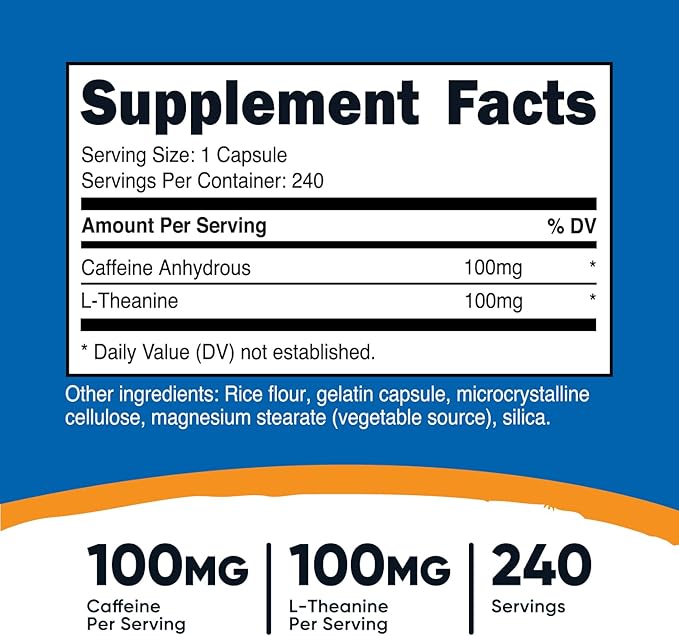 Nutricost Caffeine with L-Theanine, 100mg of Each, 240 Capsules, 240 Servings - Non-GMO and Gluten Free