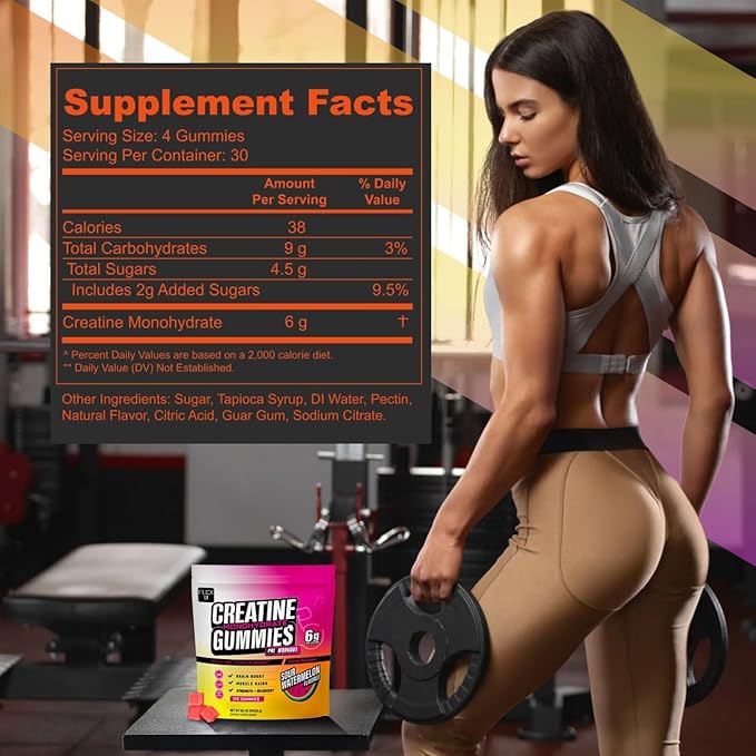 (6g) Creatine Monohydrate Gummies Men Women for Pre Workout Energy Muscle Growth Gym Gains Recovery, Preworkout Protein Chews Creatina Gomitas, Body Builder Focus Supplement Vitamin (Vegan | 120 Ct)