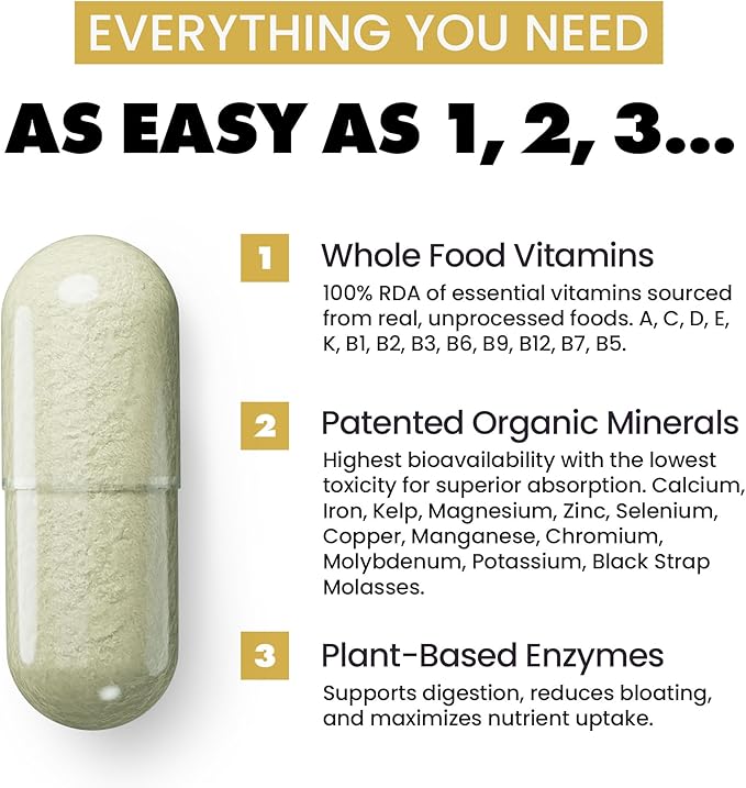 Gains in Bulk Square 1 Multivitamin and Mineral Supplement for Women and Men, Vitamins, Digestive Enzymes and Organic Minerals for Muscle Health, Performance and Immune Support, 60 Capsules