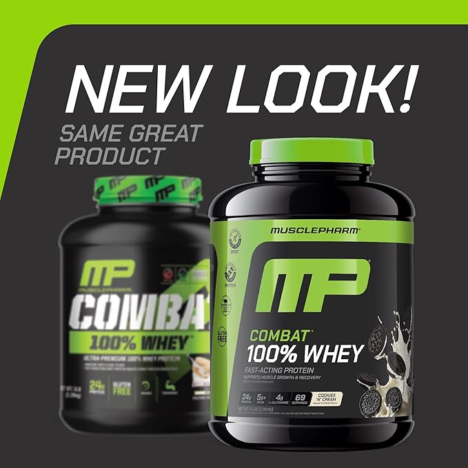 MusclePharm Combat 100% Whey Protein Powder, Cookies ‘N’ Cream Flavor, Fast Recovery & Muscle Gain with Whey Protein Isolate, High Protein Powder for Women & Men, Gluten Free, 5 lb, 70 Servings