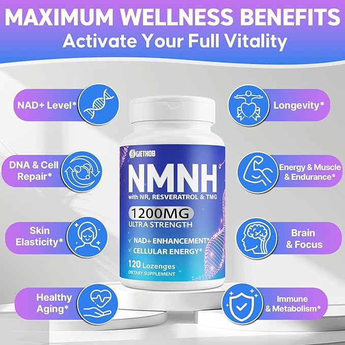 Sublingual NMNH (Dihydronicotinamide Mononucleotide), NMN Supplement Alternative, NAD Supplements for Women Men, with Resveratrol, NR & TMG, NAD+ Levels as We Age, Anti-Aging, Energy, Focus, 120 Count