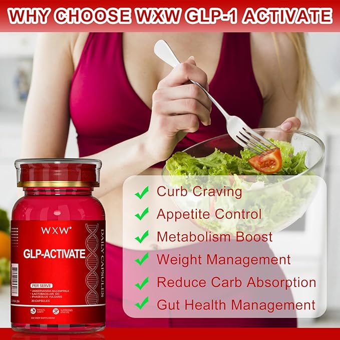 WXW GLP-1 Supplement for Women and Men, GLP-1 Activate with Akkermansia Muciniphila Probiotic, Lactobacillus GG - Support for Metabolism Curb Cravings Digestive & Gut Health, 30 Capsules