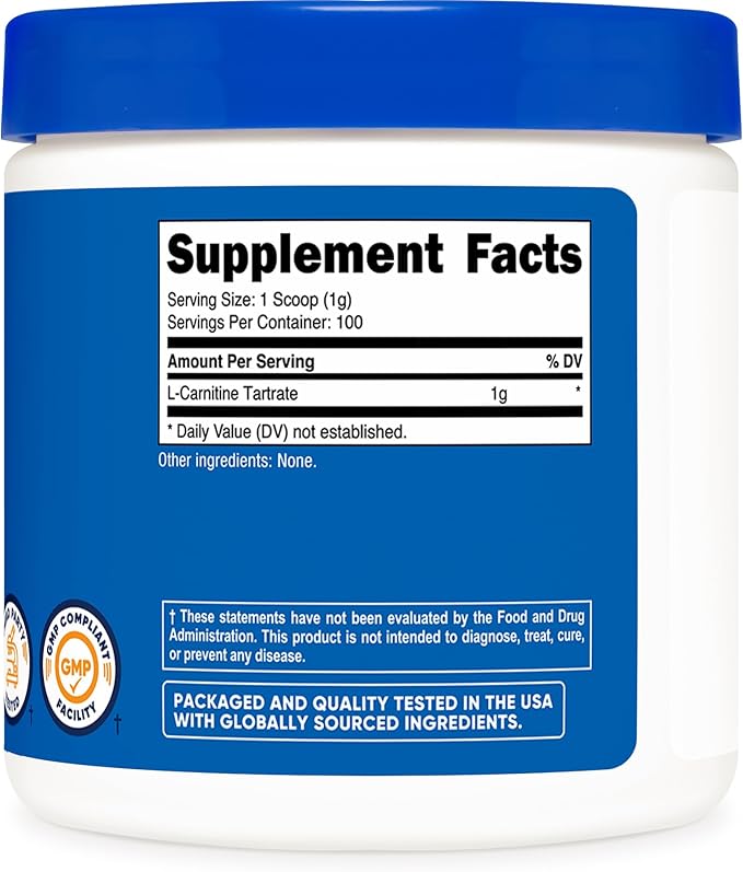 Nutricost L-Carnitine Tartrate Powder (100 Grams) - 1 Gram per Serving; 100 Servings