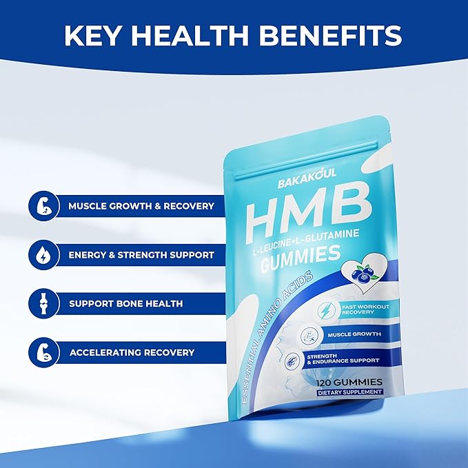HMB and L-Leucine Gummies, HMB and Leucine Supplement Supports Muscle Fast Workout Support, HMB and Leucine Amino Acid for Men & Women, Sugar Free, Non-GMO, 120 Counts