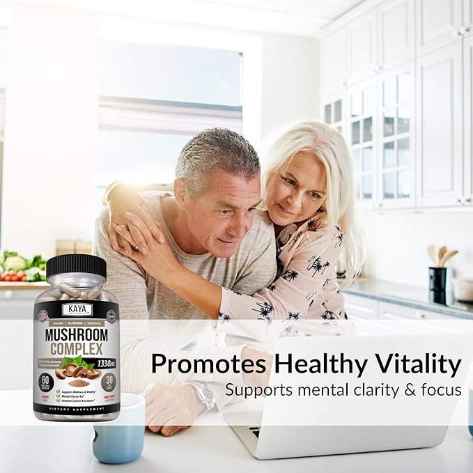 Kaya Naturals Premium Mushroom Complex Potent - Mushroom Complex Capsules 1330mg Per Serving - Aids Mental Clarity Supports Immune System, Wellness & Vitality - 60 Count