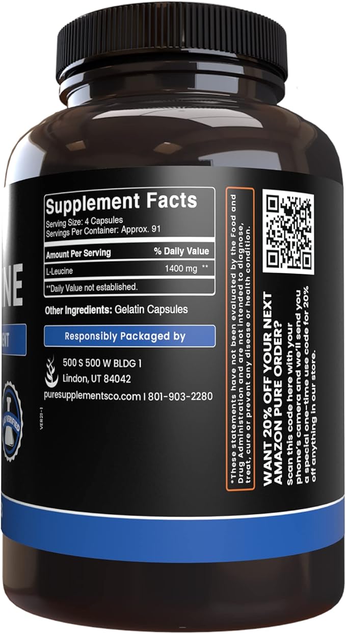 Pure Original Ingredients L-Leucine (365 Capsules) No Magnesium Or Rice Fillers, Always Pure, Lab Verified