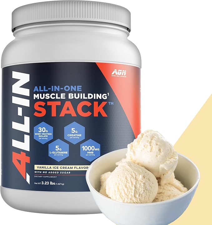 All-in-One Muscle Building Stack - Vanilla Whey Protein Isolate, Creatine Monohydrate, HMB, and L-Glutamine, 4 Products in one, Nothing Artificial, 30 Servings