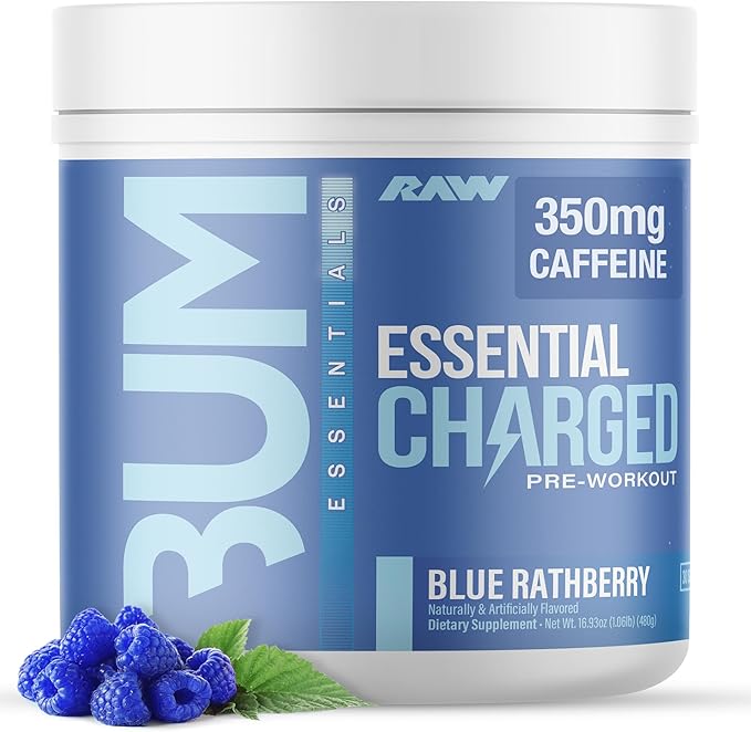 RAW Pre-Workout Powder, Essential CHARGED (Blue Rathberry) - Preworkout Supplement for Men & Women - Supports Focus, Mood, & Performance - Caffeine, Alpha-GPC, L-Citrulline, Beta Alanine (25 Servings)
