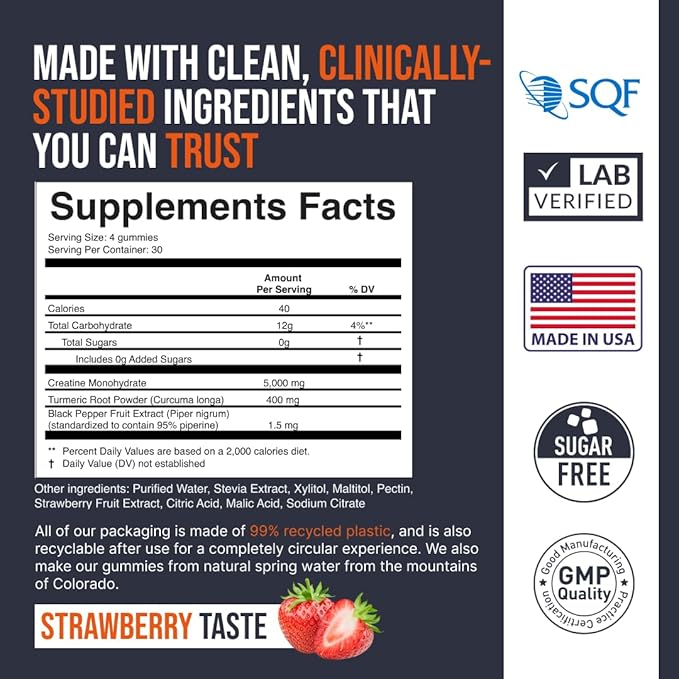 2 Pack Creatine Monohydrate Gummies 5000 mg, Fresh Strawberry Flavor, 120 Sugar-Free Vegan Chews, Creatine Supplement for Daily Routine