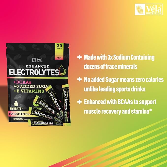 Enhanced Electrolyte Powder Stick Packs (Passionfruit Orange Guava | 20 Packets) w/ 0 Sugar +BCAAs +B-Vitamins Electrolyte Supplement w Potassium Zinc & Magnesium for Hydration - Keto Electrolytes