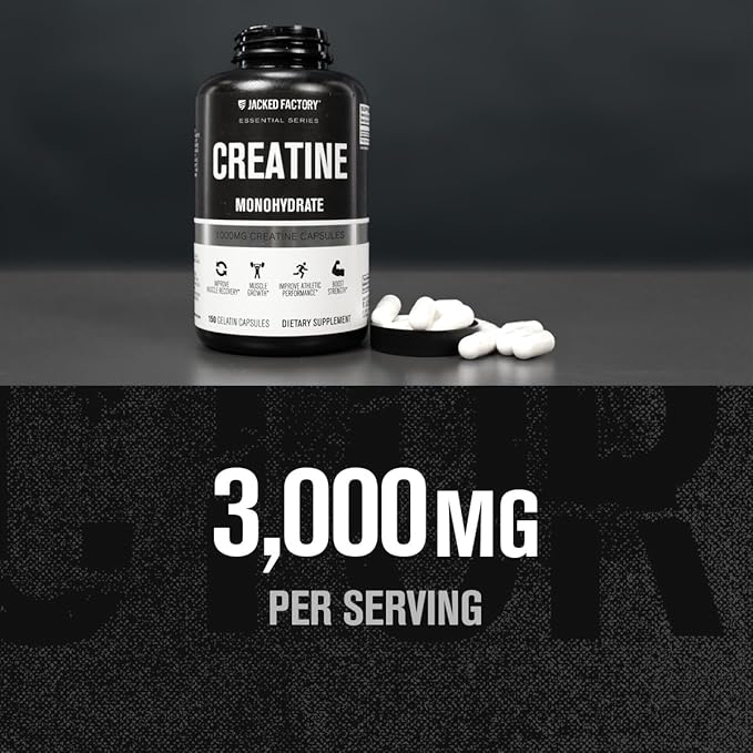 Jacked Factory Creatine Monohydrate Capsules - Creatine Pills for Muscle Growth, Increased Strength, Enhanced Energy Output and Improved Athletic Performance - 150 Capsules