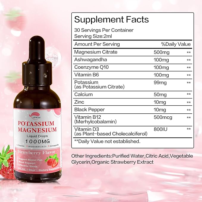 Potassium Magnesium Citrate Supplement,Magnesium Liquid Drops with Magnesium Glycinate 1000mg with Ashwagandha,Zinc,Support Clam & Support Immune System(Strawberry,2 FL.OZ.)