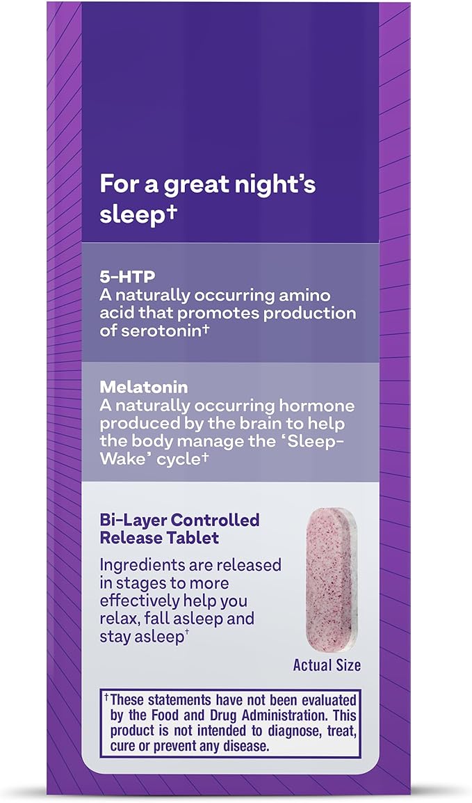 Natrol Melatonin + 5-HTP Advanced Time Release Sleep Aid, Triple Action Formula, Calm the Mind, Fall Asleep Faster and Stay Asleep Longer, 60 Bi-Layer Tablets, Up to a 60 Day Supply