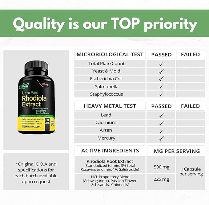 Rhodiola Rosea Supplement High Potency Extract 500mg - 3% Rosavins 1% Salidrosides with Ashwagandha Shisandra Passion Flower Herb Powder Capsules - Natural Way to Relieve Stress - Pills for Energy