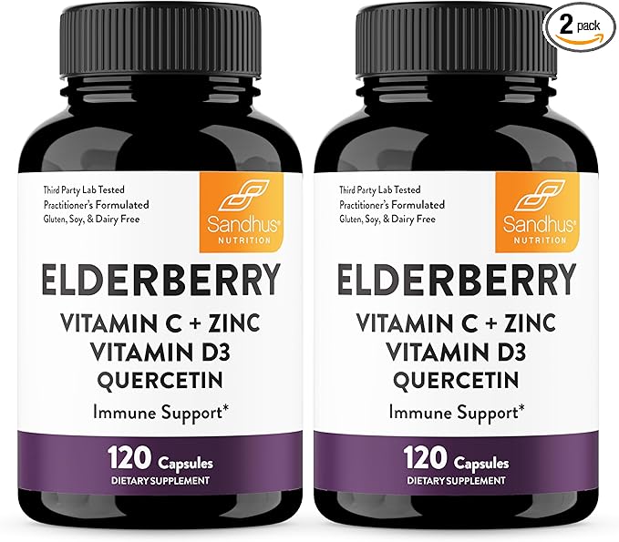 Sandhu's Elderberry Vitamin C & Zinc with Quercetin Capsules for Men & Women | Supports Immune Health | 120 Count (Pack of 2)