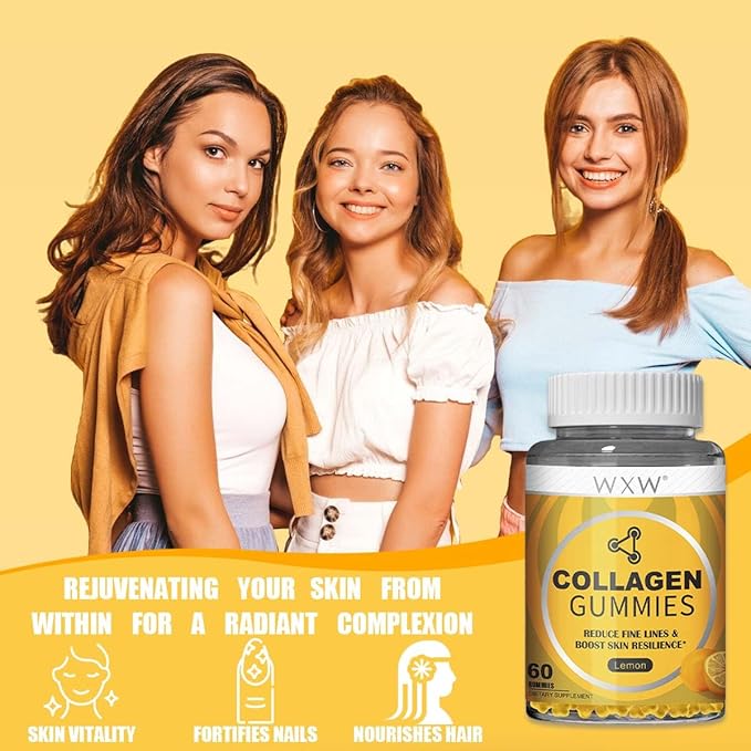 WXW Hydrolyzed Collagen Peptides Gummies for Women, Non-GMO Anti-Aging Formula with Biotin, Zinc, Vitamins C & E for Hair, Skin and Nails | 60ct,Lemon Flavor