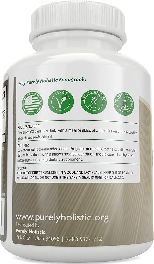 Purely Holistic Fenugreek Capsules 3600mg - 365 Vegan Capsules - Lactation Supplement - from Fenugreek Seeds - Concentrated x10 Extract - Non GMO for Women & Men