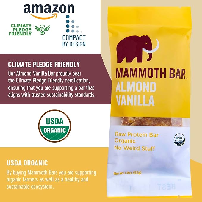 Mammoth Bar Almond Vanilla Bar - 10 Organic Protein Bars – Prebiotic • Paleo • Gluten Free • Egg Protein • GMO Free • Raw • Premium Nuts