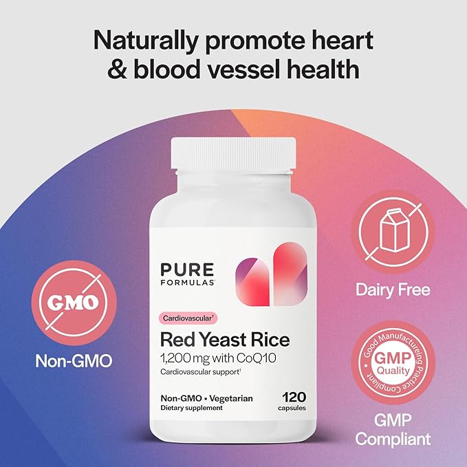 PureFormulas Red Yeast Rice with CoQ10 Supplement - Extra Strength Red Yeast Rice 1200 mg. Capsules, Cholesterol Support Coq10 100mg Cholesterol Supplements 120 Capsules (2 Months)