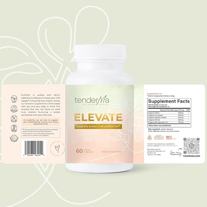 Elevate Lactation Supplement – Fenugreek-Based Breastfeeding Support with Organic Fennel, Alfalfa & Blessed Thistle – 60 Vegan Capsules