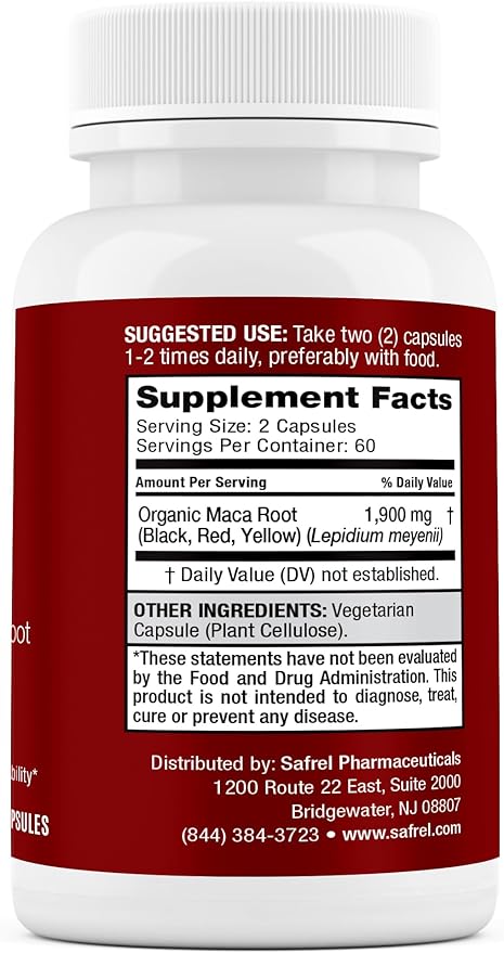 Safrel Organic Maca Root Black, Red, Yellow 1900 MG per Serving - 120 Vegan Capsules Peruvian Maca Root Gelatinized 100% Pure Non-GMO Supports Reproductive Health Natural Energizer