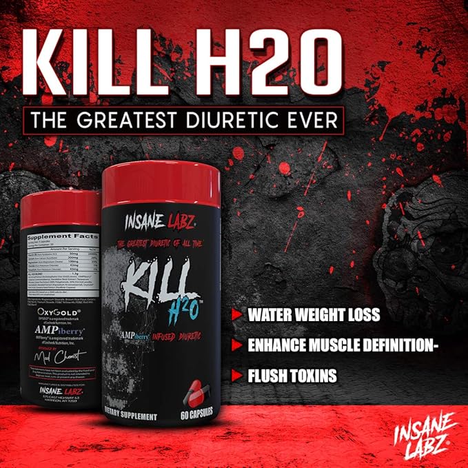 Insane Labz Kill H2O, AMPiberry Infused Diuretic, Reduce Water Retention and Bloating Relief with Dandelion Root and Green Tea Extract, 20 Servings