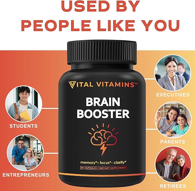 Vital Vitamins Brain Supplements for Memory and Focus – Nootropic Brain Booster with Ginkgo Biloba, Rhodiola, B12 – Caffeine-Free Support for Adults & Seniors – 30-Day Supply, 30 Capsules