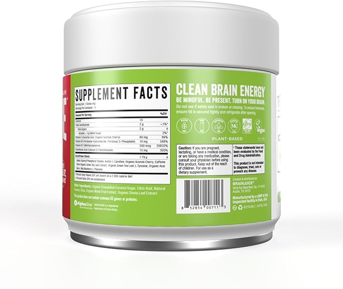 BrainJuice Nootropics Brain Support Supplement, Gluten Free Powder for Energy and Focus, Drink Mix with L Theanine, Alpha GPC, Vitamin B, Organic Green Tea Extract Caffeine, Pomegranate, 15 Servings
