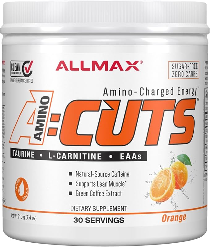 ALLMAX Nutrition AMINOCUTS (ACUTS), Amino-Charged Energy Drink with Taurine, L-Carnitine, Green Coffee Bean Extract, Orange, 30 Servings