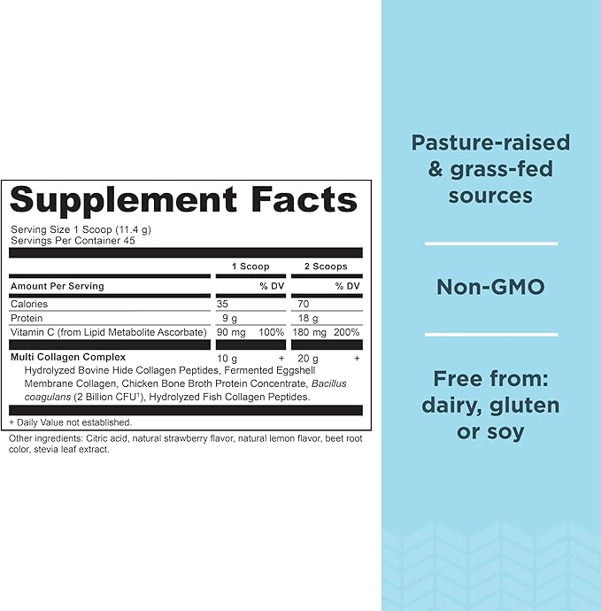 Ancient Nutrition Collagen Peptides Powder, Multi Collagen Protein, Women & Men, Vitamin C, Probiotics, Hydrolyzed Collagen, Supports Skin, Joints, Gut Health, Strawberry Lemonade, 45 Servings