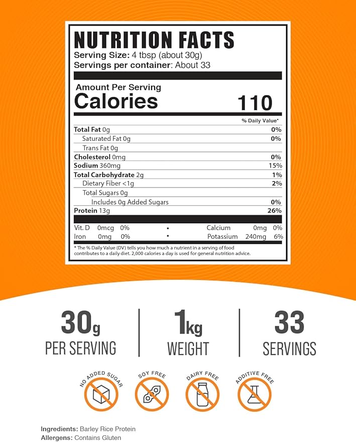 BulkSupplements.com Barley Rice Protein Powder - Vegan Protein Powder - Unflavored & Dairy Free, 30g per Serving, 1kg (2.2 lbs) (Pack of 1)