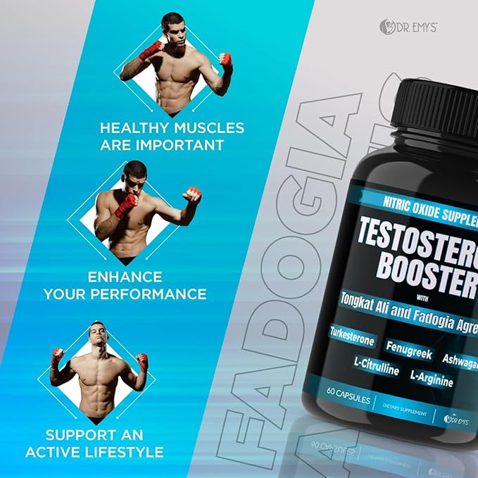 Dr. Emy's (1 Pack Testosterone Booster-Tongkat Ali Fadogia Agrestis Nitric Oxide Ashwagandha Supplement for Men with L Arginine Citrulline Fenugreek - Turkesterone Pre Workout Pump (60 Capsules)