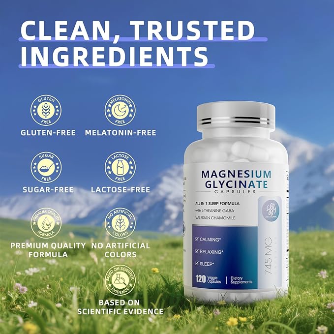 Magnesium Glycinate Complex with L-Theanine, Chamomile & GABA, Magnesium Supplement Supports Sleep, Calmness, Muscle Relaxation for Men & Women – Vegan, High-Absorption, 120 Capsules