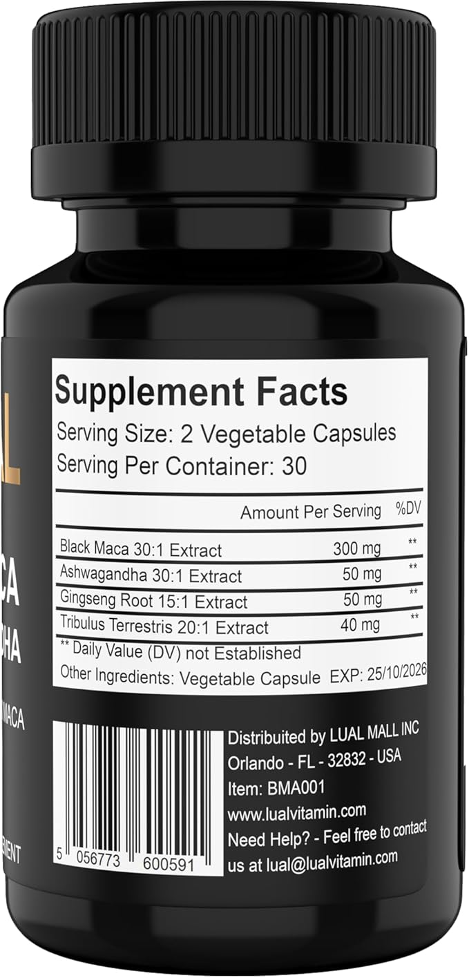 LUAL 30,000mg 30x Strength Organic Black Maca Root with Ashwagandha - Highest Potency Black Maca Root Capsules for Men - 100% Pure Maca Peruana Powder Organic, Gelatinized, Non-GMO - 60 Pills