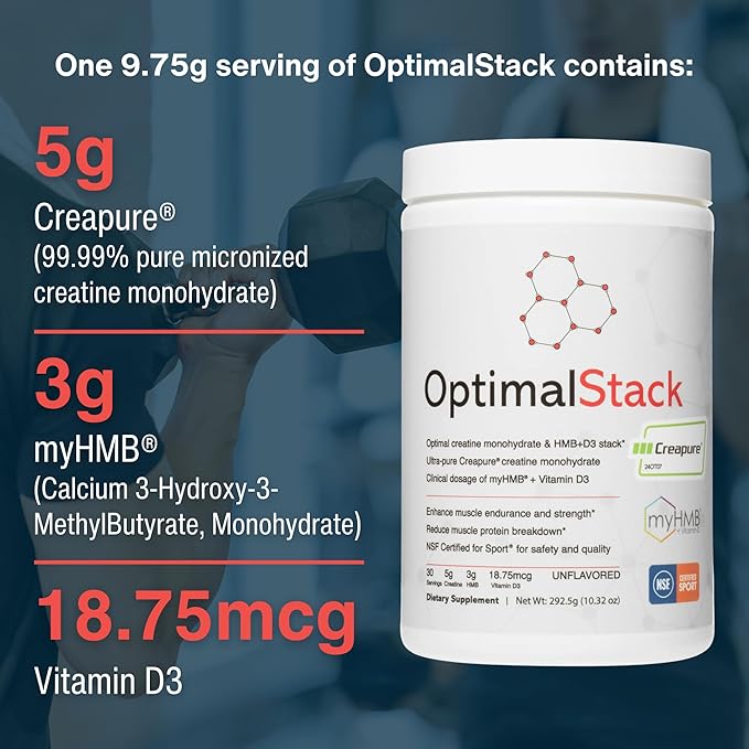 OptimalStack Creatine Monohydrate, HMB, & Vitamin D3 Stack | with Creapure Creatine, Clinical Dosage of myHMB, and Vitamin D3 | NSF for Sport Certified | Unflavored, 30 Servings