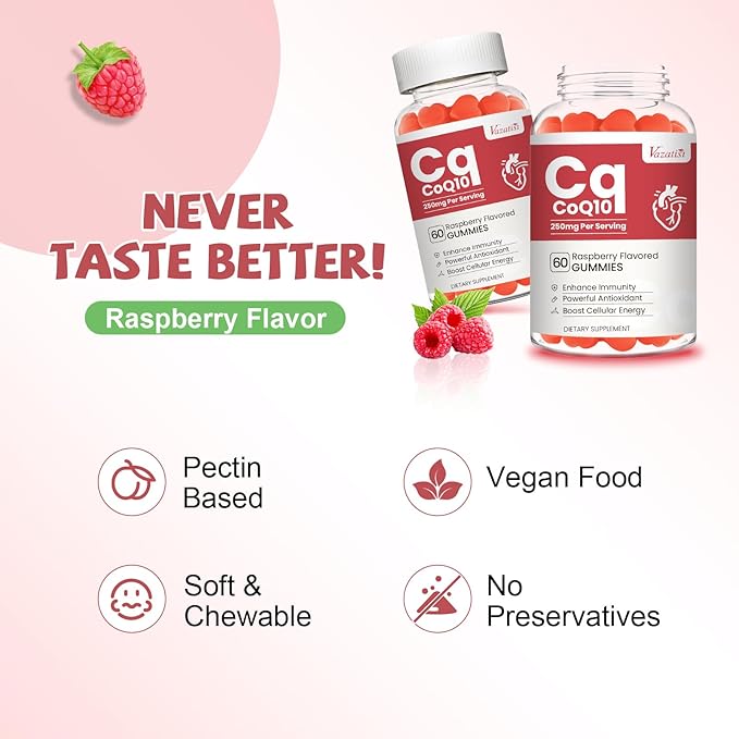 2 Pack CoQ10 Gummies 250 mg, Plus Omega-3, Magnesium, Vitamin B12 for Cellular Energy, Brain & Antioxidant, 5X Better Absorption Coenzyme Q10 Supplement, Raspberry Flavored Gummies - 120 Cts