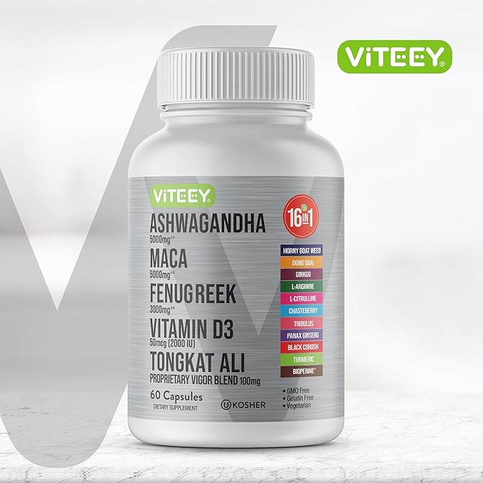 Viteey Ashwagandha 5000mg, Black Maca Root 5000mg, Fenugreek 3000mg, Vitamin D3 2,000 IU with Tongkat Ali & Proprietary Vigor Blend 100mg - Calm, Relax, Mood Support for Women & Men - 60 Capsules