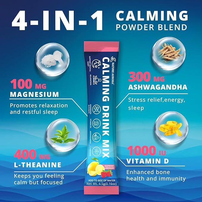 Powdered Drink Mix Calm - Adaptogenic Drink Mix with Magnesium Glycinate, Ashwagandha, Vitamin D, L-Theanine - Sleep Aid, Calm, Relax & Focus - Vegan, No Sugar- Raspberry Lemonade - 20 Sticks