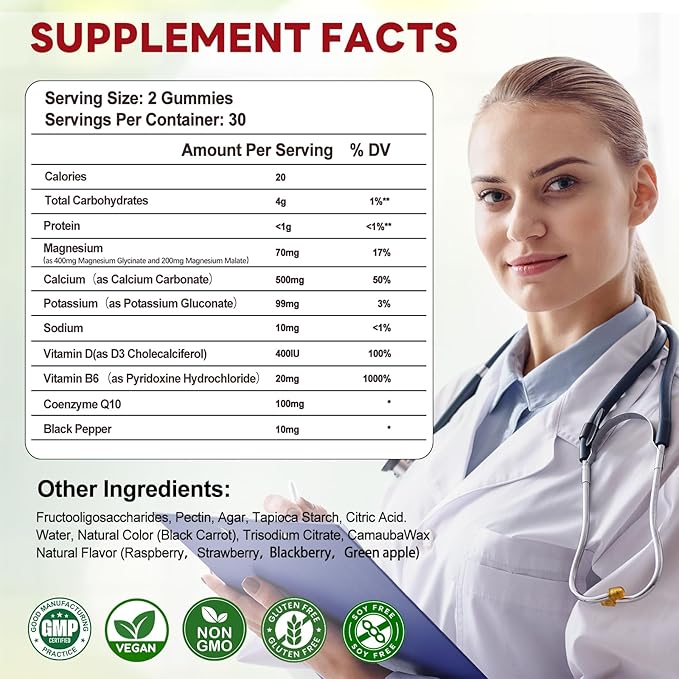 Magnesium Glycinate 400mg Gummies for Women & Men - Calcium Supplement with Magnesium Malate, B6, Zinc, Vitamin D, CoQ10 - Non GMO, Sugar Free for Body Support and Relaxation (Multi-Flavor)