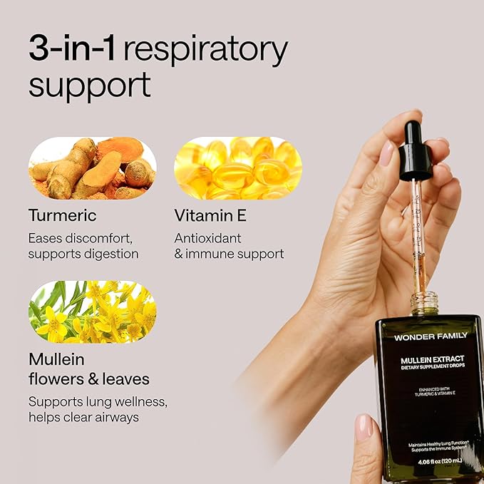 Mullein Drops for Lungs - Lung Support Supplement with Turmeric, Vitamin E, & Mullein Leaf Extract