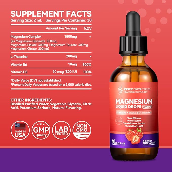Magnesium Glycinate Liquid Drops 1500mg with Magnesium Citrate & Taurate, L-Theanine, Vitamin D3, B6 - Supports Calm, Sleep, Muscle Relaxation, Leg Cramps & Energy, Strawberry Flavor, 60mL 2 Pack
